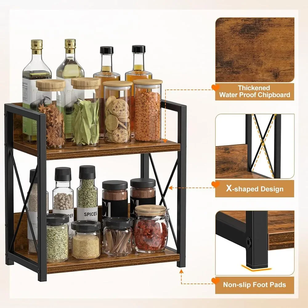 2 Tier Kitchen Organizer Rack Storage Shelf Countertop Coffee Bar Wood Metal